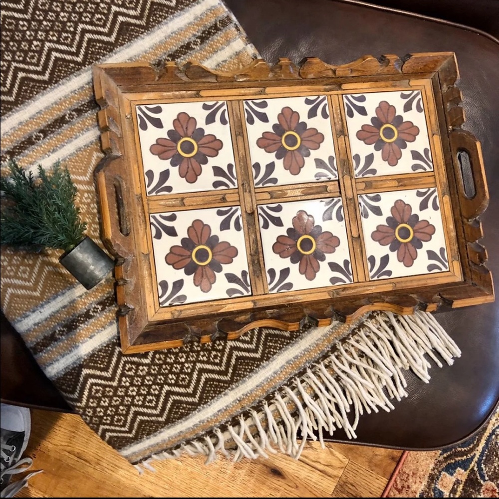 Vintage Mexican tile and hand carved wood tray.
